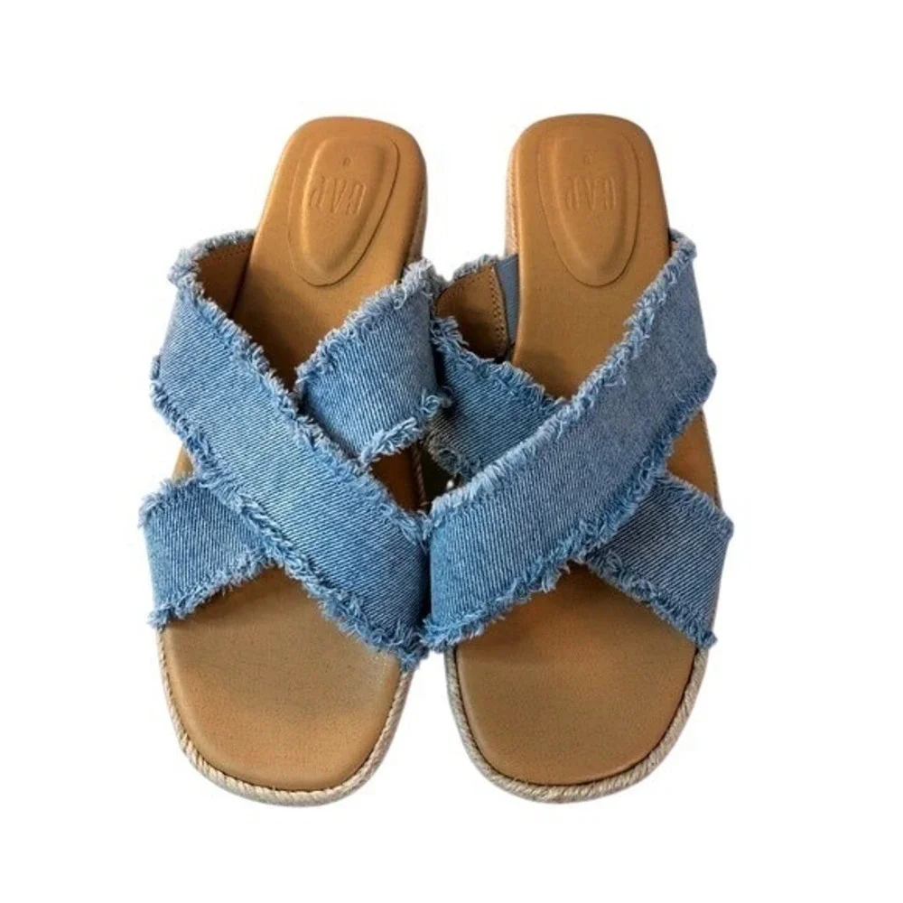 Gap Size‎ 8 Denim Espadrille Platform Slides Wind Blue Frayed Crisscross Sandals